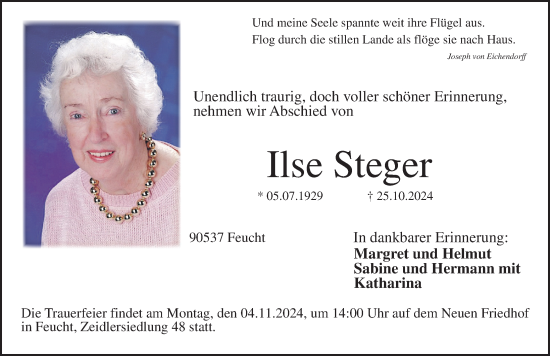 Traueranzeige von Ilse Steger von Der Bote