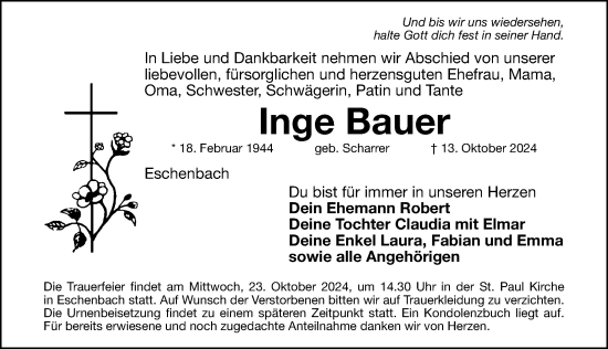Traueranzeige von Inge Bauer von Hersbrucker Zeitung Lokal