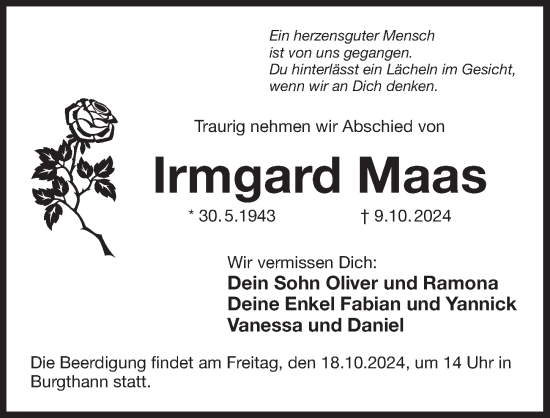 Traueranzeige von Irmgard Maas von Der Bote