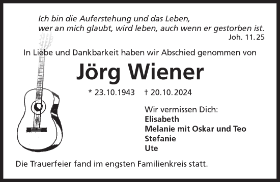 Traueranzeige von Jörg Wiener von Der Bote