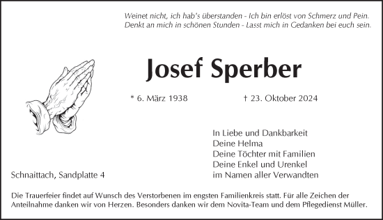 Traueranzeige von Josef Sperber von Pegnitz-Zeitung