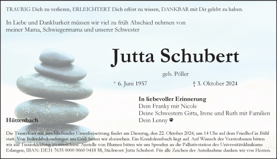 Traueranzeige von Jutta Schubert von Pegnitz-Zeitung