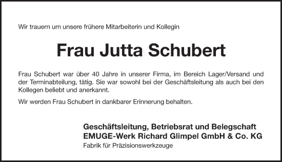 Traueranzeige von Jutta Schubert von Pegnitz-Zeitung
