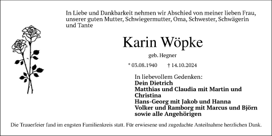 Traueranzeige von Karin Wöpke von Der Bote