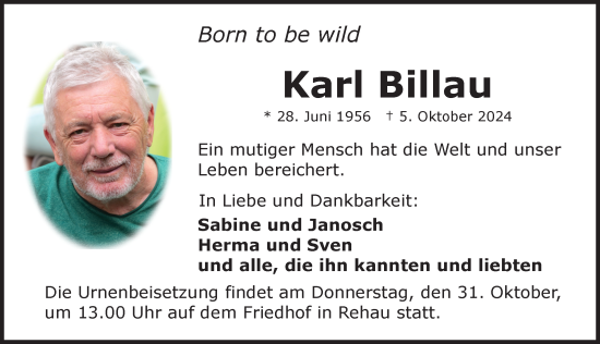 Traueranzeige von Karl Billau von Pegnitz-Zeitung