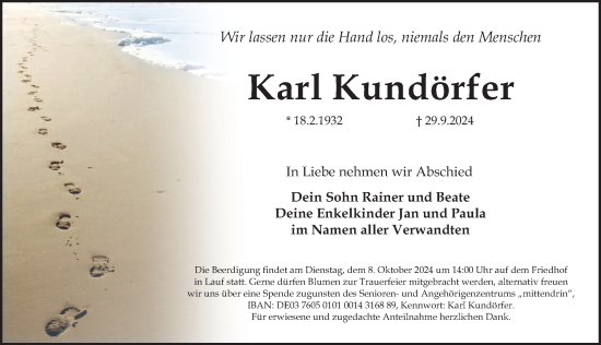 Traueranzeige von Karl Kundörfer von Pegnitz-Zeitung