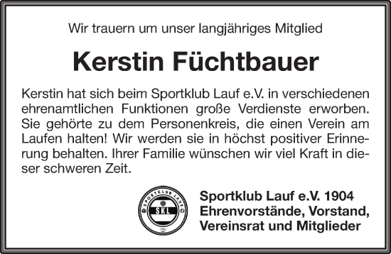 Traueranzeige von Kerstin Füchtbauer von Pegnitz-Zeitung