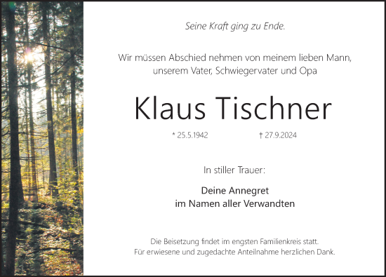Traueranzeige von Klaus Tischner von Pegnitz-Zeitung