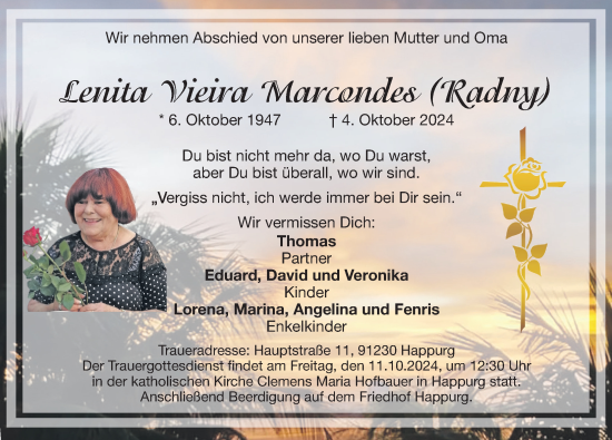 Traueranzeige von Lenita Vieira Marcondes von Hersbrucker Zeitung Lokal
