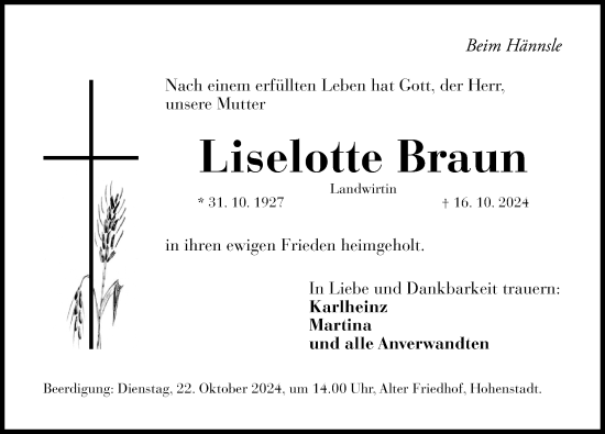 Traueranzeige von Liselotte Braun von Hersbrucker Zeitung Lokal