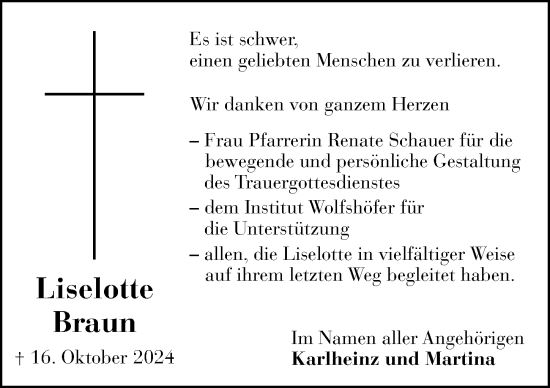 Traueranzeige von Liselotte Braun von Hersbrucker Zeitung Lokal