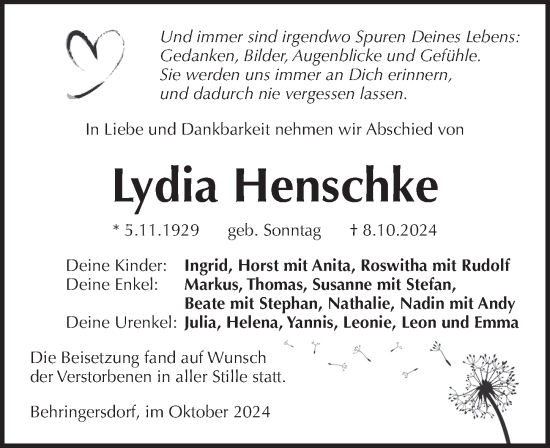 Traueranzeige von Lydia Henschke von Pegnitz-Zeitung