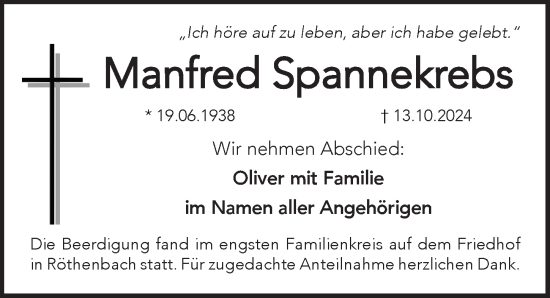 Traueranzeige von Manfred Spannekrebs von Pegnitz-Zeitung