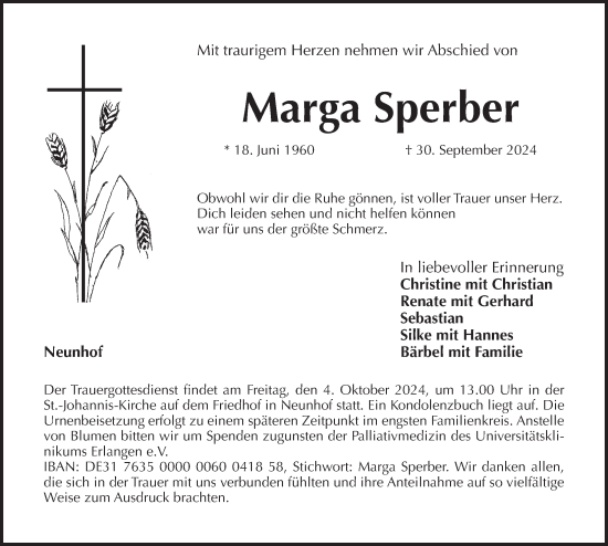 Traueranzeige von Marga Sperber von Pegnitz-Zeitung