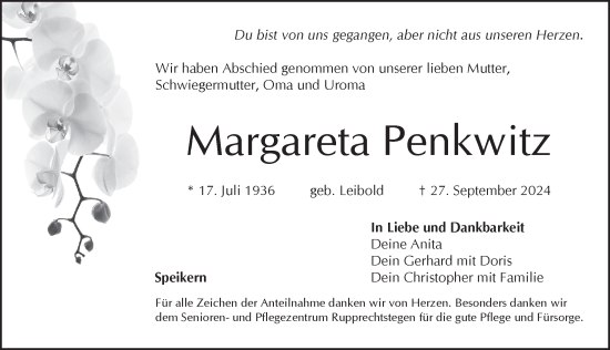Traueranzeige von Margareta Penkwitz von Pegnitz-Zeitung
