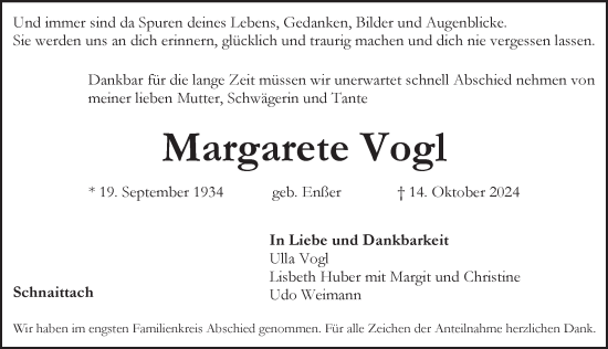 Traueranzeige von Margarete Vogl von Pegnitz-Zeitung
