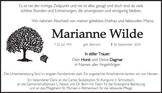 Traueranzeige von Marianne Wilde von Pegnitz-Zeitung