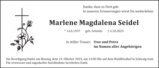 Traueranzeige von Marlene  Seidel von Pegnitz-Zeitung