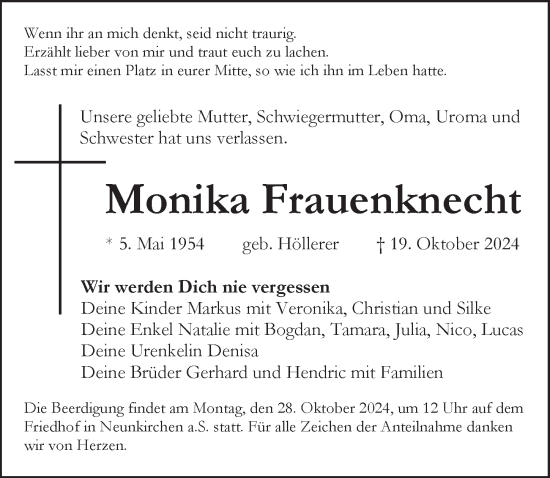Traueranzeige von Monika Frauenknecht von Pegnitz-Zeitung