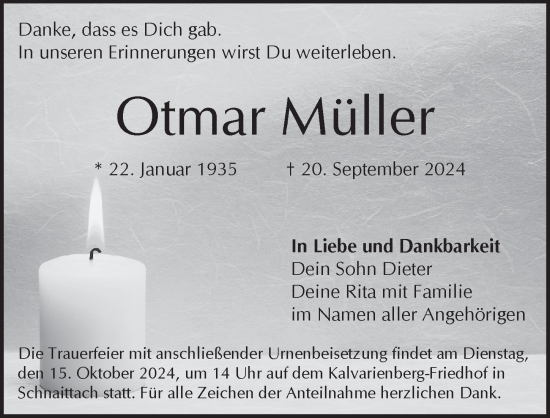 Traueranzeige von Otmar Müller von Pegnitz-Zeitung