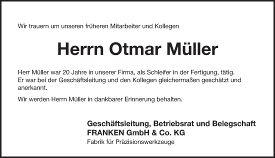 Traueranzeige von Otmar Müller von Pegnitz-Zeitung