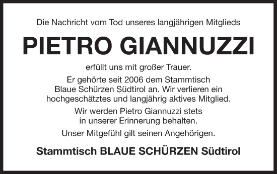 Traueranzeige von Pietro Giannuzzi von Der Bote