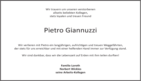 Traueranzeige von Pietro Giannuzzi von Der Bote