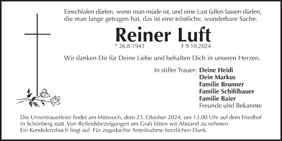 Traueranzeige von Reiner Luft von Pegnitz-Zeitung