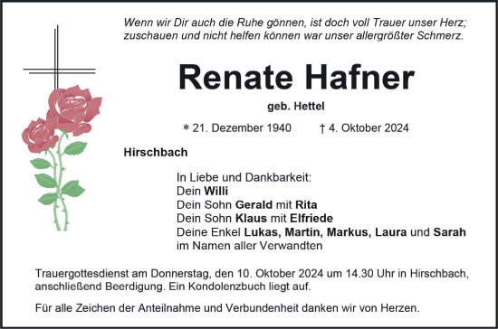 Traueranzeige von Renate Hafner von Hersbrucker Zeitung Lokal