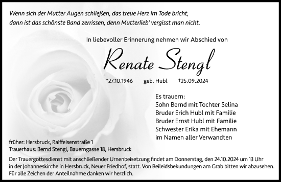 Traueranzeige von Renate Stengl von Hersbrucker Zeitung Lokal