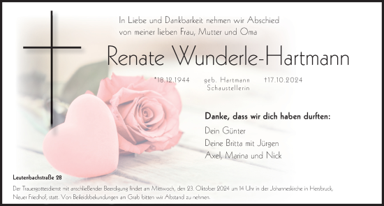 Traueranzeige von Renate Wunderle-Hartmann von Hersbrucker Zeitung Lokal