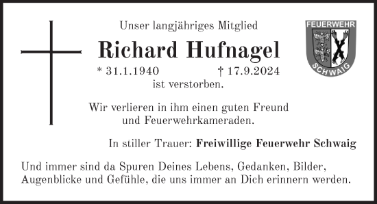 Traueranzeige von Richard Hufnagel von Pegnitz-Zeitung