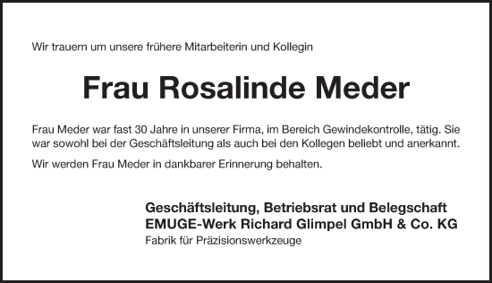 Traueranzeige von Rosalinde Meder von Pegnitz-Zeitung
