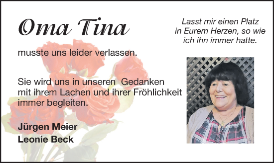 Traueranzeige von Tina  von Hersbrucker Zeitung Lokal
