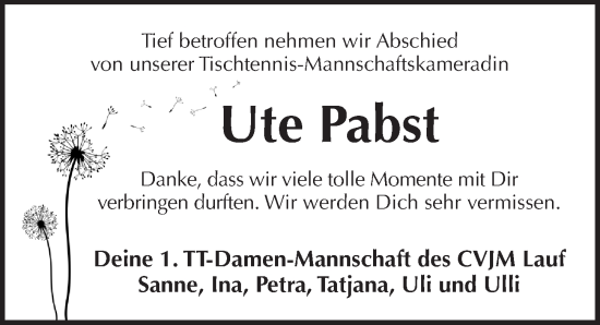 Traueranzeige von Ute Pabst von Pegnitz-Zeitung