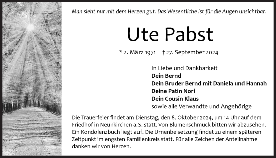 Traueranzeige von Ute Pabst von Pegnitz-Zeitung