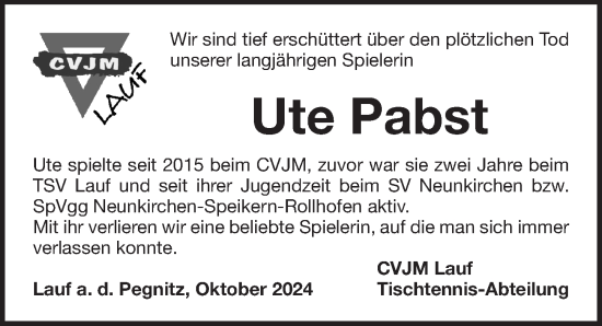 Traueranzeige von Ute Pabst von Pegnitz-Zeitung
