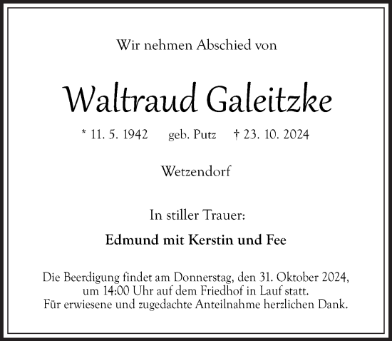 Traueranzeige von Waltraud Galeitzke von Pegnitz-Zeitung