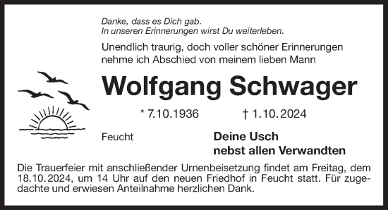 Traueranzeige von Wolfgang Schwager von Der Bote