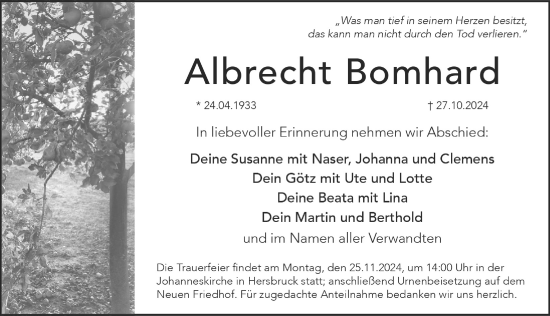 Traueranzeige von Albrecht Bomhard von Hersbrucker Zeitung Lokal