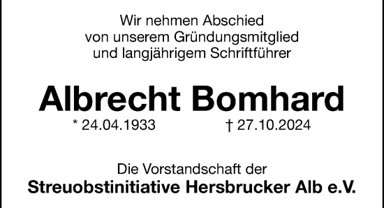 Traueranzeige von Albrecht Bomhard von Hersbrucker Zeitung Lokal