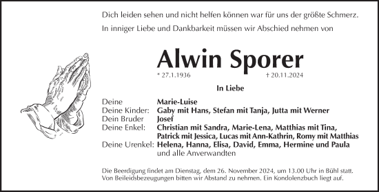 Traueranzeige von Alwin Sporer von Pegnitz-Zeitung