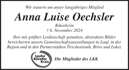 Traueranzeige von Anna Luise Oechsler von Pegnitz-Zeitung