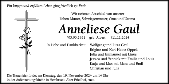 Traueranzeige von Anneliese Gaul von Hersbrucker Zeitung Lokal
