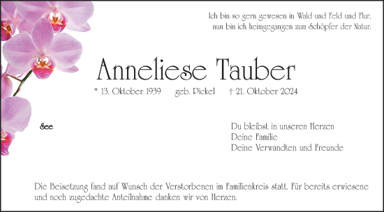Traueranzeige von Anneliese Tauber von Hersbrucker Zeitung Lokal