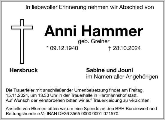 Traueranzeige von Anni Hammer von Hersbrucker Zeitung Lokal