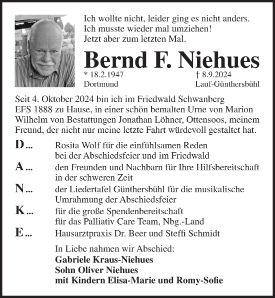 Traueranzeige von Bernd F. Niehues von Pegnitz-Zeitung