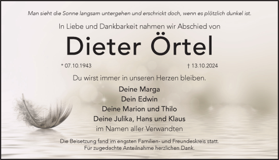 Traueranzeige von Dieter Örtel von Pegnitz-Zeitung