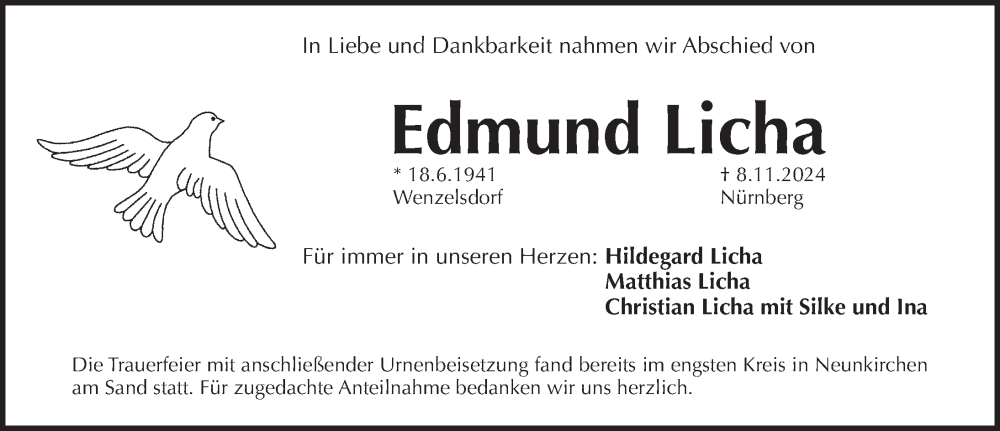  Traueranzeige für Edmund Licha vom 30.11.2024 aus Pegnitz-Zeitung