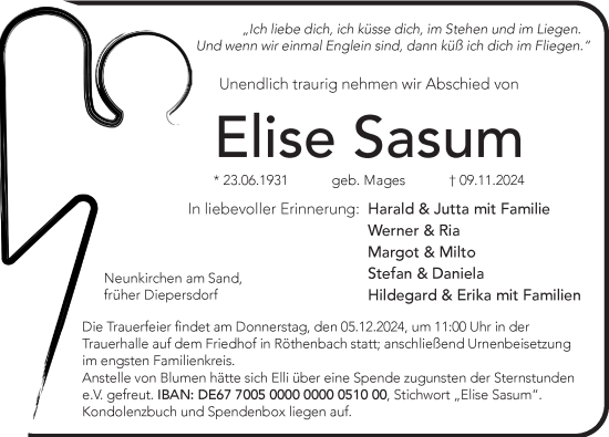 Traueranzeige von Elise Sasum von Pegnitz-Zeitung